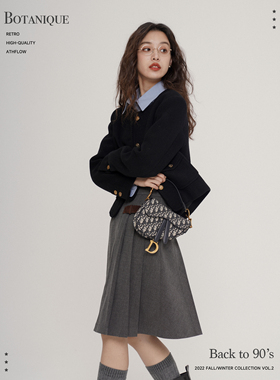 Botanique植物学原创设计麂皮袢灰色羊毛不对称压褶半身裙女秋秋