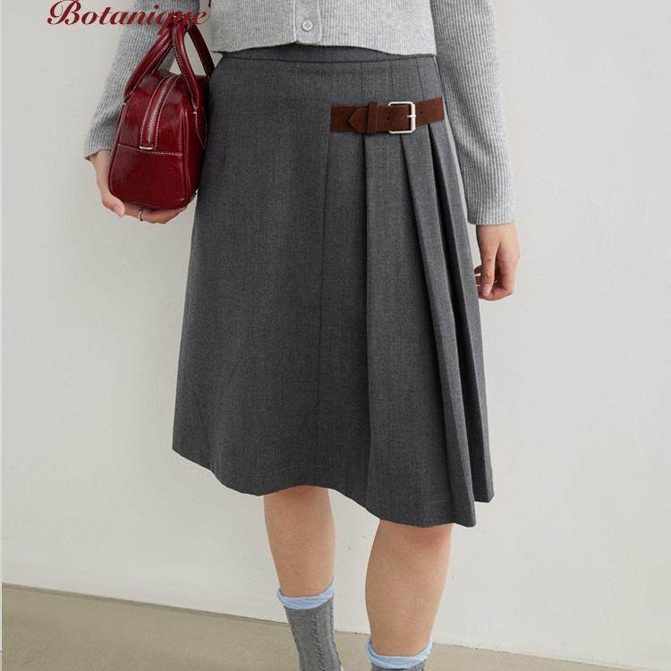 Botanique植物学“miu系少女”精纺羊毛灰色不对称百褶半身裙女秋