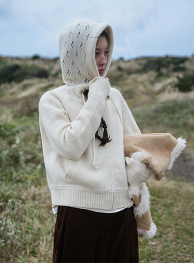 Botanique植物学“济州岛冬日”100羊毛镂空连帽毛衣