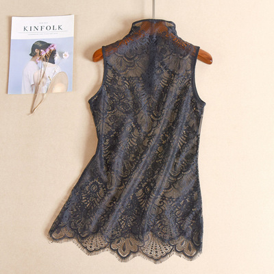 韩版高领透视蕾丝衫女中长款背心