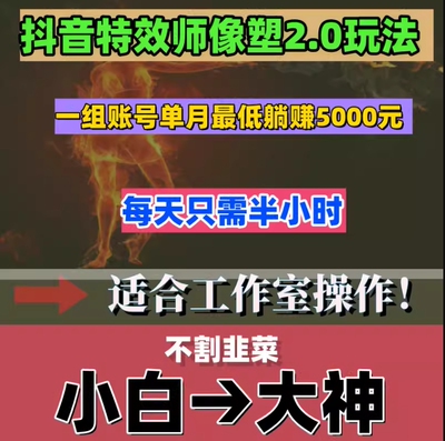 抖音特效师像塑2.0玩法，一组账号单月最低躺赚5000元(搬砖项目)