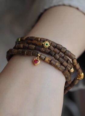 文玩风天然沉香多圈真正的沉香油性超好鎏金配饰花丝球镶嵌石榴石