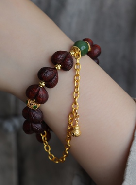 天然小叶紫檀精雕屁桃手链天然碧玉配珠纯银鎏金镶嵌碧玺古法配饰