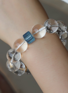 高端定制天然白水晶手链搭配天然海蓝宝方块纯银鎏金镶嵌海蓝宝坠