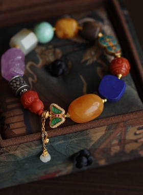 高端定制天然老蜡枣珠青金石红翡珐琅彩沉香老花蜡和田玉紫锂辉63