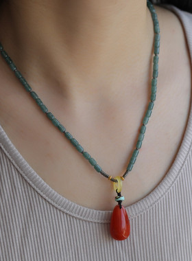 天然蓝水翡翠直管项链搭配天然蜜蜡转环松石配珠天然南红水滴吊坠