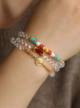 天然白水晶多圈搭配纯银鎏金珐琅彩半镯鎏金链条南红配饰