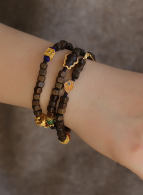 天然沉香手工绳项链一颗珠子一个结老玛瑙桶珠纯银鎏金镶嵌青金石