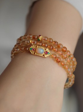 天然巴西黄水晶多圈搭配纯银鎏金镶嵌欧珀如意牌宝石级搭配两用款