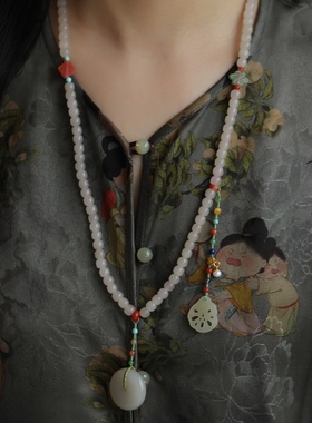 天然和田玉108粒长链玉质冰透精美无杂裂配天然南红背云原矿松石