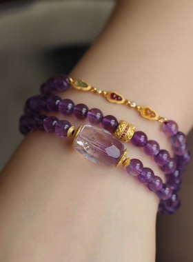 天然紫水晶多圈搭配天然紫水晶磨面随形纯银鎏金镶嵌碧玺链条