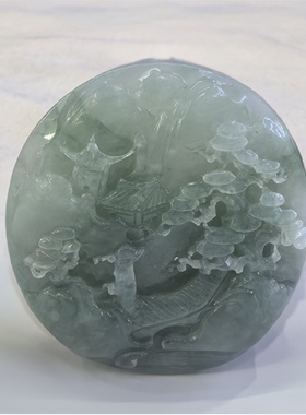 天然缅甸翡翠山水圆牌项坠雕工精湛立体细腻栩栩如生顺风顺水