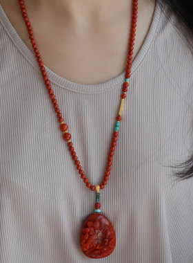 收藏品天然满色满肉精雕牡丹花喜鹊图纯手工精雕天然满色满肉长链