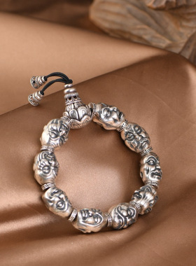 S925纯银手串复古做旧莲花佛头三通十八罗汉纯银手链男款珠串