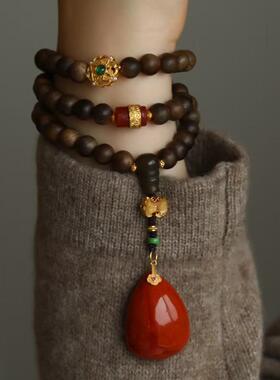 高端定制天然沉香多圈搭配纯银鎏金镶嵌翡翠配饰老玛瑙桶珠和田玉