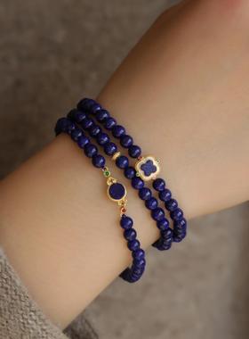 天然青金石多圈搭配纯银鎏金镶嵌青金石纯银鎏金镶嵌青金石链条