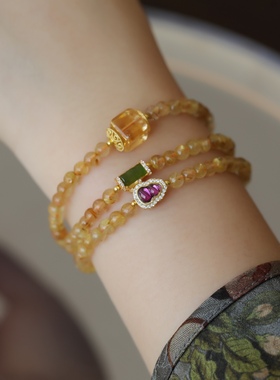 天然金发晶多圈搭配纯银鎏金镶嵌紫牙乌石榴石葫芦黄水晶碧玉
