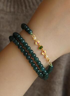 天然蓝水翡翠多圈搭配纯银鎏金镶嵌碧玺如意链条手链项链两用款