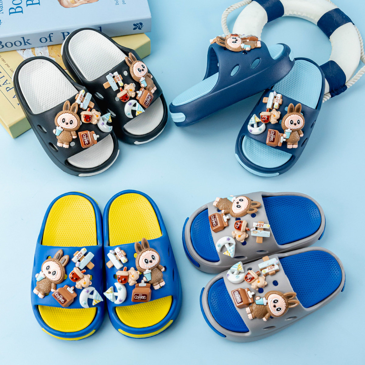 新款爆款卡通咖啡拉布布百搭男童EVA拖鞋时尚双拼软底防滑凉鞋