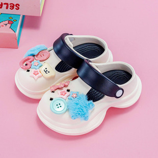 卡通蓝毛绒星星男女童洞洞鞋 亲子外穿时尚 拖鞋 防滑增高包头鞋