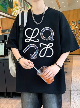 26582新款2026印花港风朱地棉短T男潮牌潮流宽松百搭半截袖上衣休