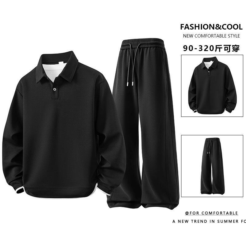TZ07春秋季大码套装男加肥特大码假两件翻领卫衣长裤韩版设计感衬
