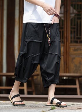 中国风暗黑冰丝垂感折褶小众设计七分短裤阔腿裤DK251-特P48控68
