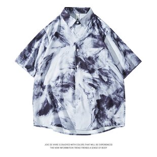 印花迷彩短袖 冰丝数码 衬衫 男夏季 衬 沙滩印花五分半袖 工厂直销