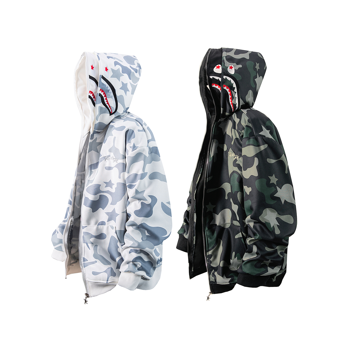 美式高街双帽迷彩鲨鱼拉链刺绣秋冬加绒加厚卫衣男女同款情侣外套