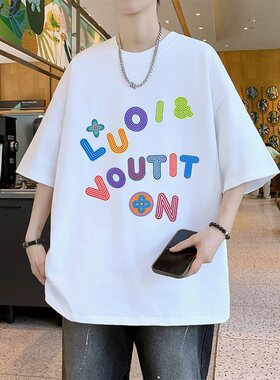 26579新款2026印花港风朱地棉短T男潮牌潮流宽松百搭半截袖上衣休