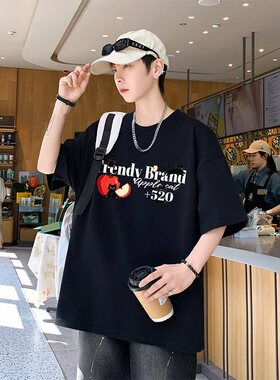 26586新款2026印花港风朱地棉短T男潮牌潮流宽松百搭半截袖上衣休