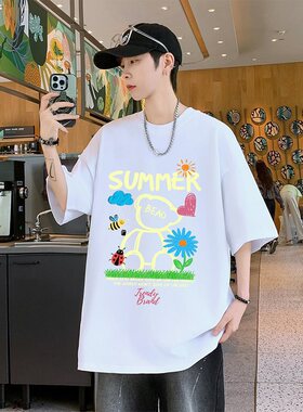 26575新款2026印花港风朱地棉短T男潮牌潮流宽松百搭半截袖上衣休