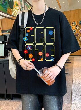 26588新款2026印花港风朱地棉短T男潮牌潮流宽松百搭半截袖上衣休