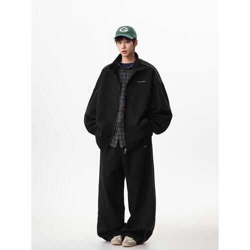 8XL-M 反光条运动套装男街舞服休闲外套夹克麂皮绒裤子男TZ106P95