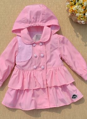 幼小童韩版童装儿童风衣女童飞边粉色中长风衣女宝双排扣公主外套