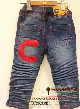 幼小童韩版童装儿童加绒牛仔裤男童女童加厚水洗牛仔裤红色大C裤