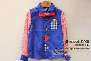 韩版cc童装儿童红领结衬衣男童春秋长袖翻领上衣宝宝前蓝后粉衬衫
