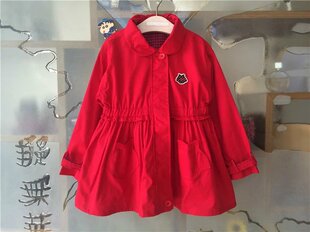 幼小童韩版童装儿童拉链翻领上衣女童红色收腰中长风衣女宝宝外套