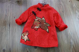 秋冬儿童过年新装 女童中国风加绒盘扣改良旗袍 小童红金鱼连衣裙