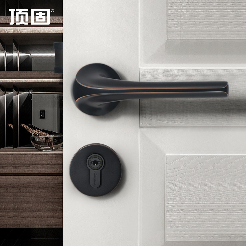 顶固门锁室内卧室实木房门锁静音分体锁简约门把手黑古叻套装锁具