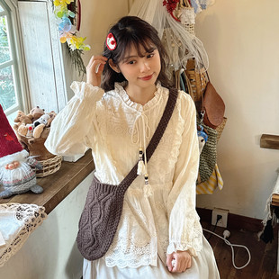 森系文艺复古精致立体花朵收腰衬衫春季减龄娃娃衫重工刺绣上衣