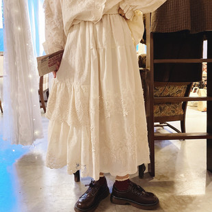 森系唯美立体花朵刺绣松紧腰半身裙春季新款蕾丝拼接仙女裙长裙