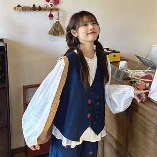 套装 复古少女草莓刺绣水洗牛仔木耳花边无袖 马甲背心松紧腰九分裤