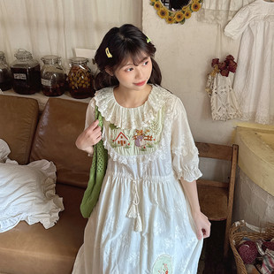 夏季少女蕾丝荷叶领短袖连衣裙森系绿色格子鱼尾裙收腰显瘦长裙子