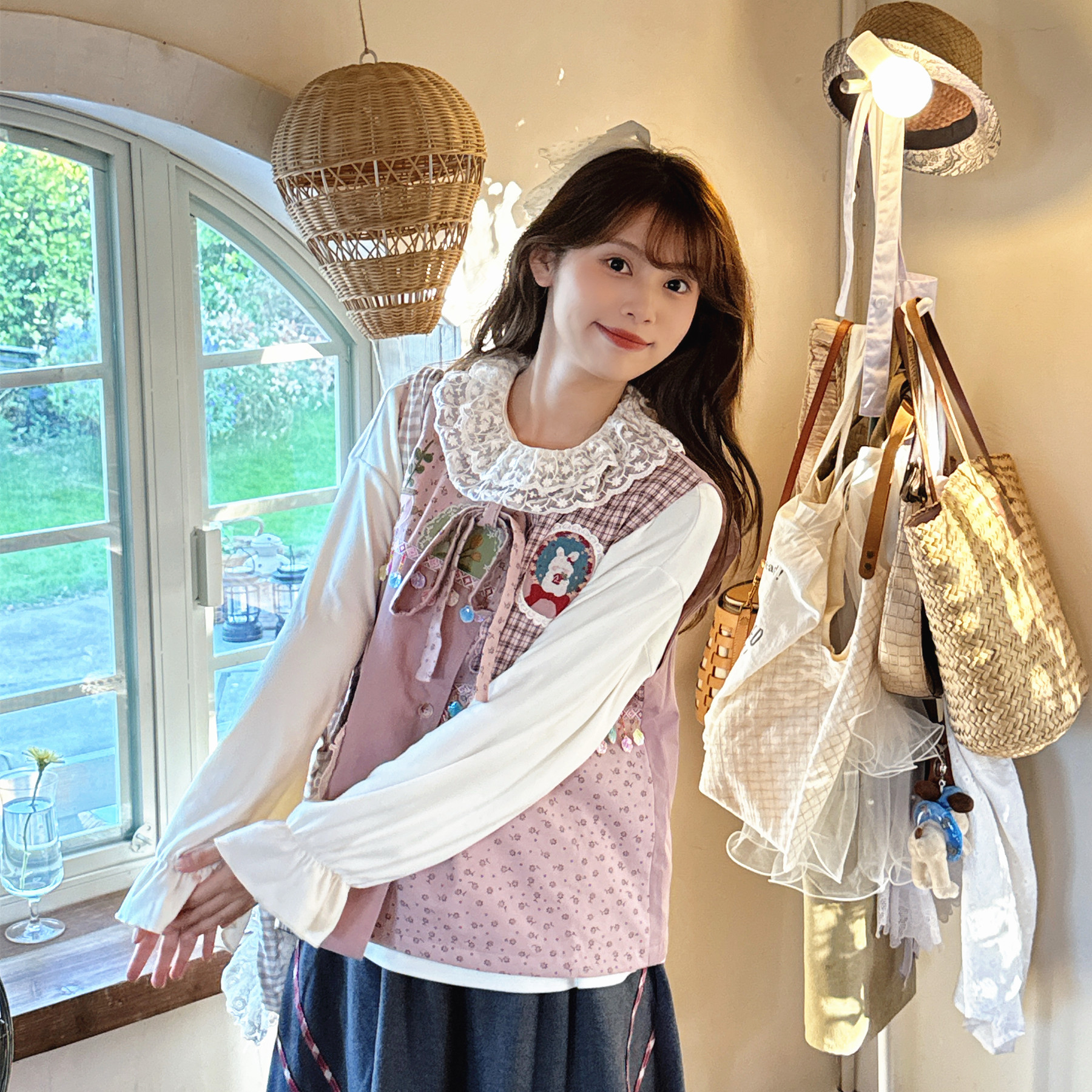 复古浅紫色田园风绣花夹棉马甲