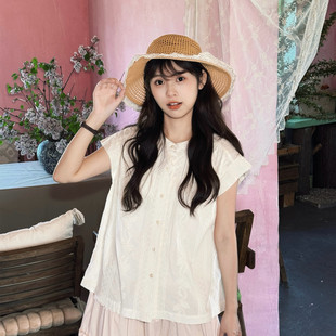 日系复古法式刺绣纯棉精致刺绣衬衫小飞袖少女娃娃衫夏季甜美上衣