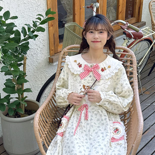 森系小清新碎花连衣裙红色格子蝴蝶结娃娃领少女气质显瘦打底长裙