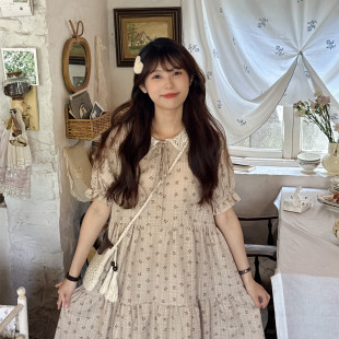 日系少女蕾丝花边娃娃领灯笼袖连衣裙复古小碎花蛋糕裙显瘦长裙子