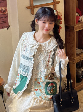 复古绿色少女田园风碎花拼接马甲