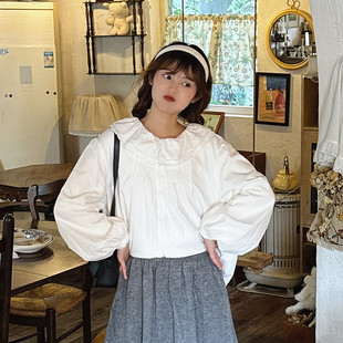 森系少女温柔双层荷叶花边领衬衫冬季加绒加厚灯笼袖娃娃衫上衣